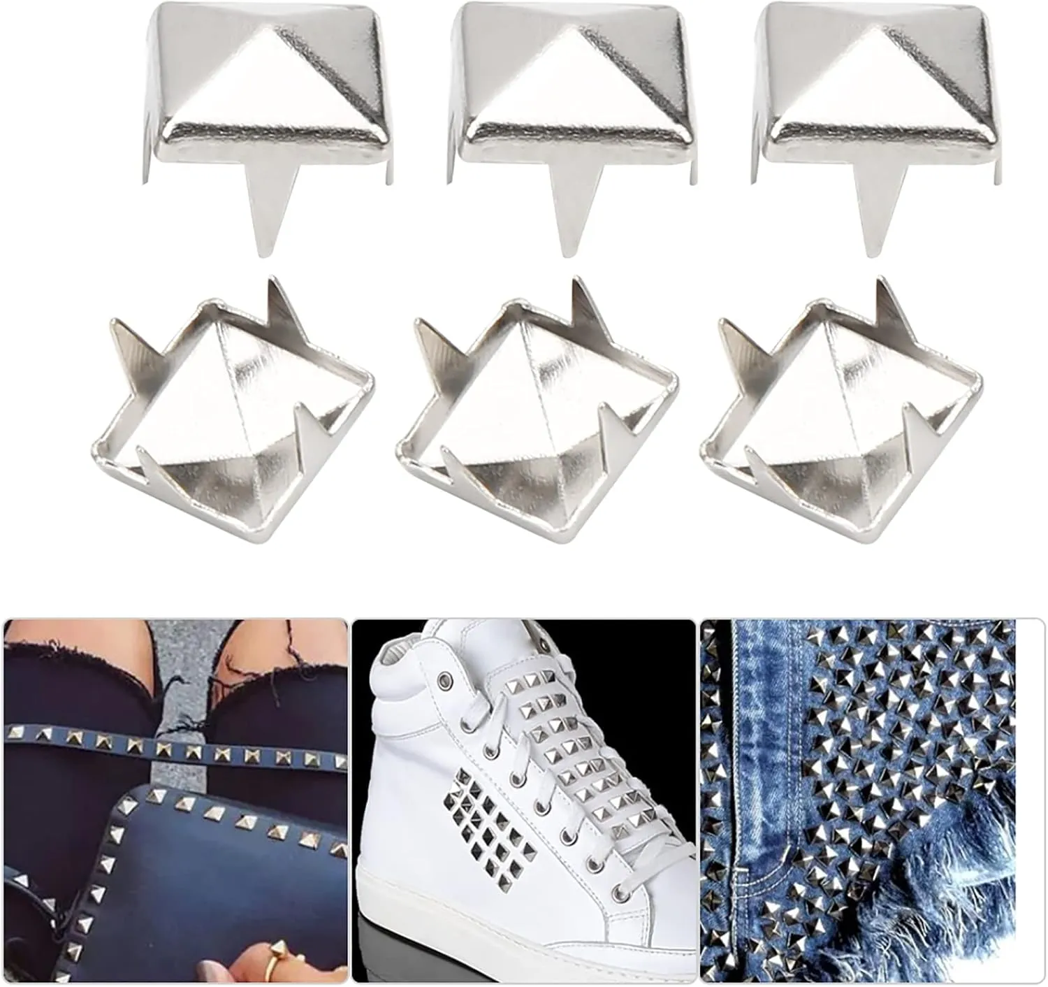 400Pcs Square Rivet, 4mm/5mm/6mm/7mm 4 Prongs Brass Nailhead Spikes Punk Rivets for DIY Leathercraft Clothes Belt Bag Shoes Jewelry(6mm-Silver)