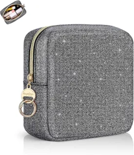 5.7" Small Makeup Bag, Glitter Cosmetics Bag for Purse, Portable Small Travel Makeup Pouch with Ring Buckle (Black)