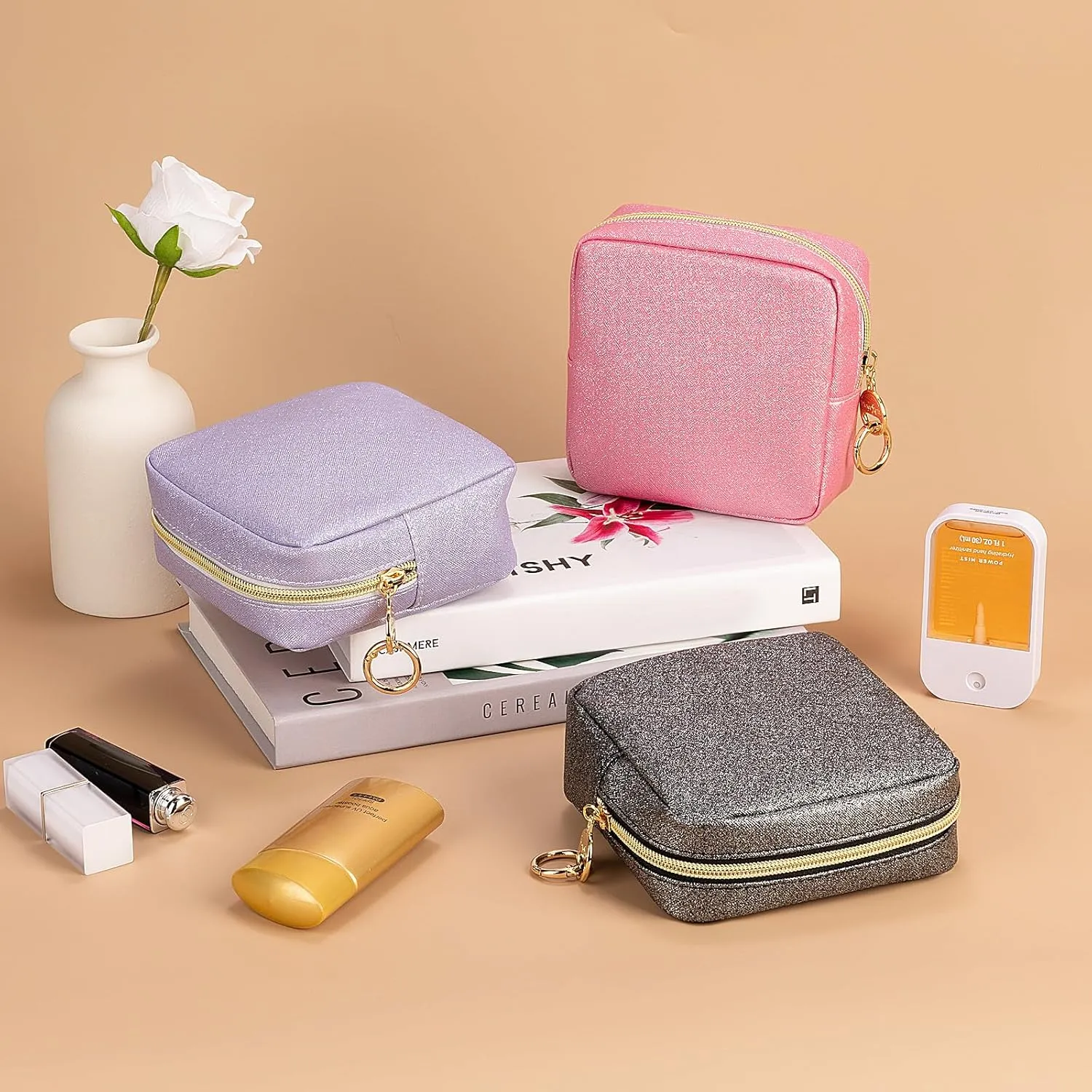 5.7" Small Makeup Bag, Glitter Cosmetics Bag for Purse, Portable Small Travel Makeup Pouch with Ring Buckle (Black)