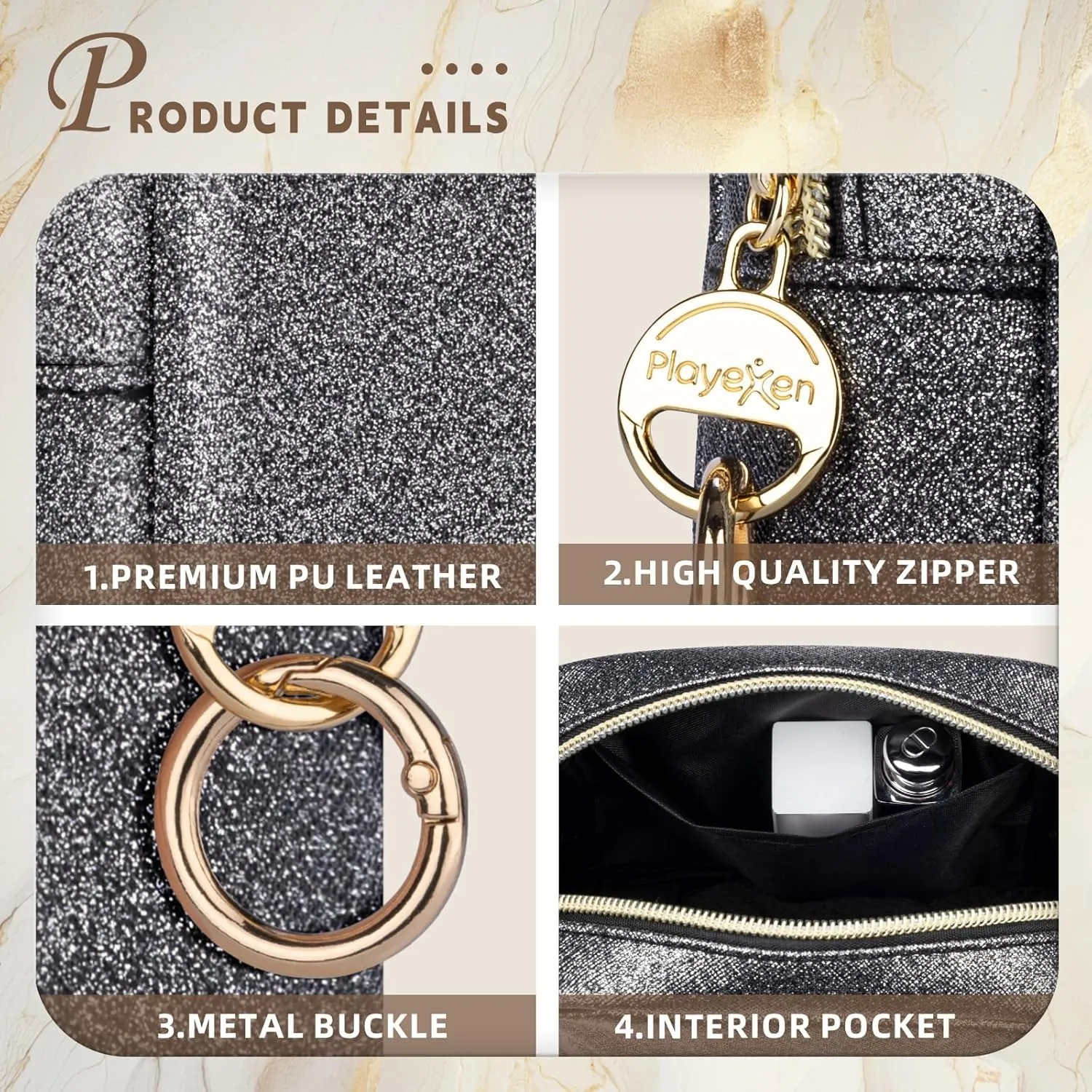 5.7" Small Makeup Bag, Glitter Cosmetics Bag for Purse, Portable Small Travel Makeup Pouch with Ring Buckle (Black)