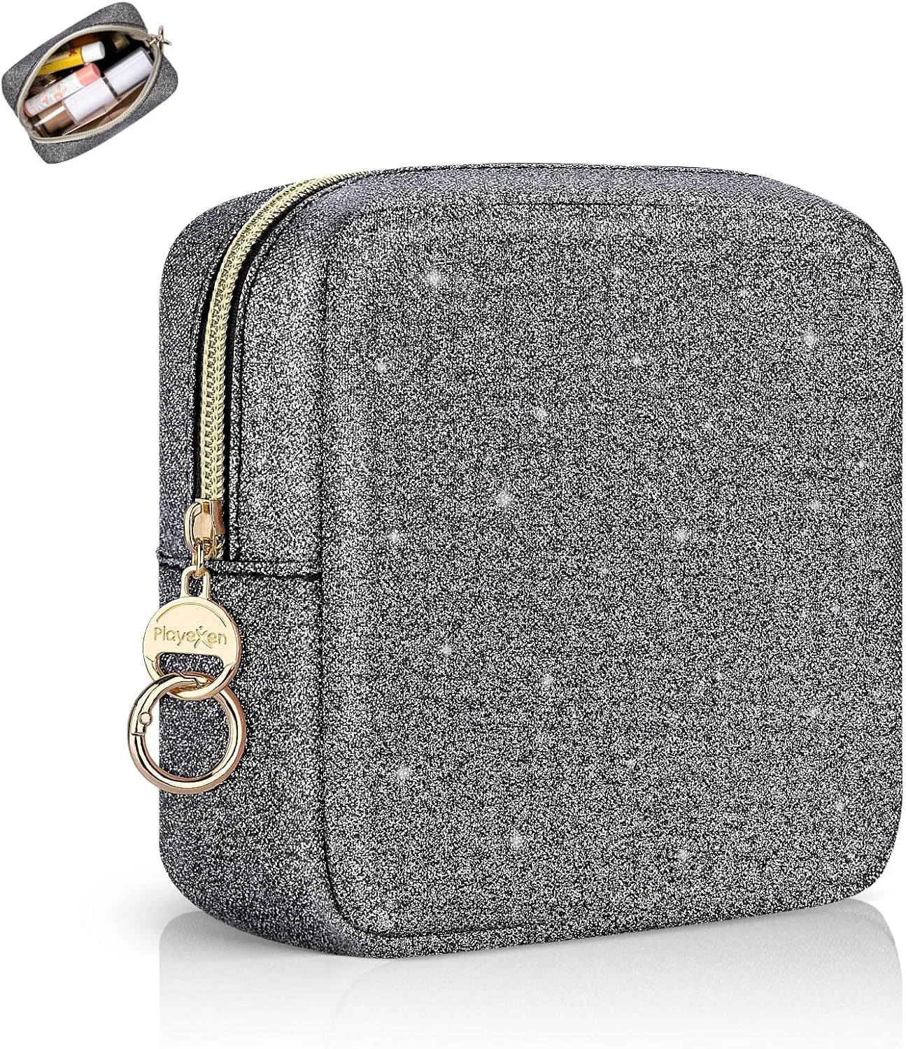 5.7" Small Makeup Bag, Glitter Cosmetics Bag for Purse, Portable Small Travel Makeup Pouch with Ring Buckle (Black)