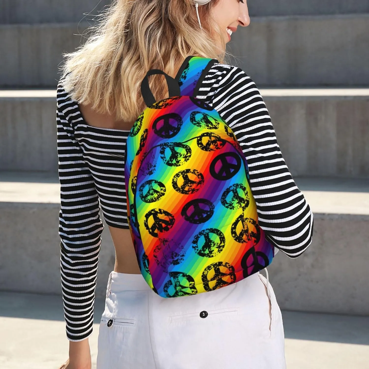 60s 70s Hippie Flowers Peace Love Canvas Backpacks Laptop Backpack Multipurpose Double Shoulder Bag for Men Women Gifts Small