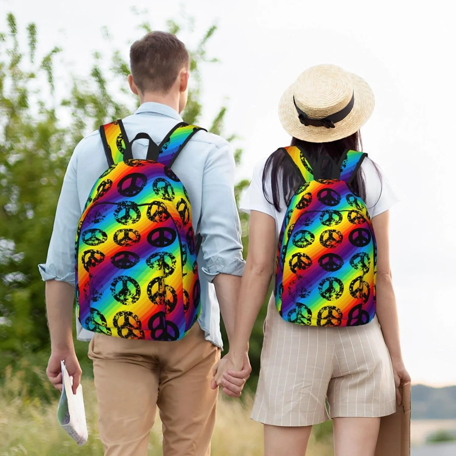 60s 70s Hippie Flowers Peace Love Canvas Backpacks Laptop Backpack Multipurpose Double Shoulder Bag for Men Women Gifts Small
