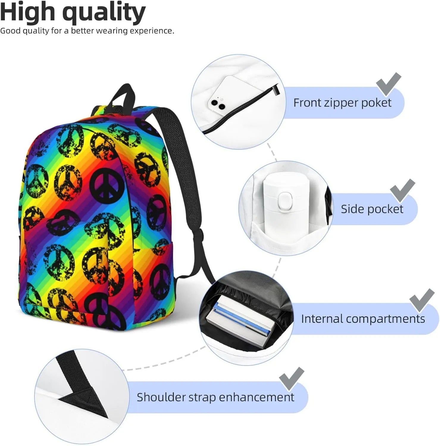 60s 70s Hippie Flowers Peace Love Canvas Backpacks Laptop Backpack Multipurpose Double Shoulder Bag for Men Women Gifts Small