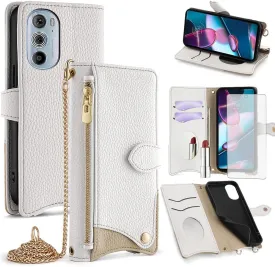 Asuwish Phone Case for Motorola Edge  Plus 2022/Edge X30/30 Pro Wallet Cover with Screen Protector and Mirror PU Leather Flip Cover Card Holder Slot Stand Crossbody Strap Cell Moto Edge   5G UW White