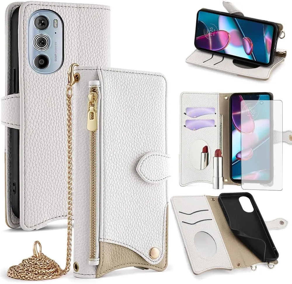 Asuwish Phone Case for Motorola Edge  Plus 2022/Edge X30/30 Pro Wallet Cover with Screen Protector and Mirror PU Leather Flip Cover Card Holder Slot Stand Crossbody Strap Cell Moto Edge   5G UW White