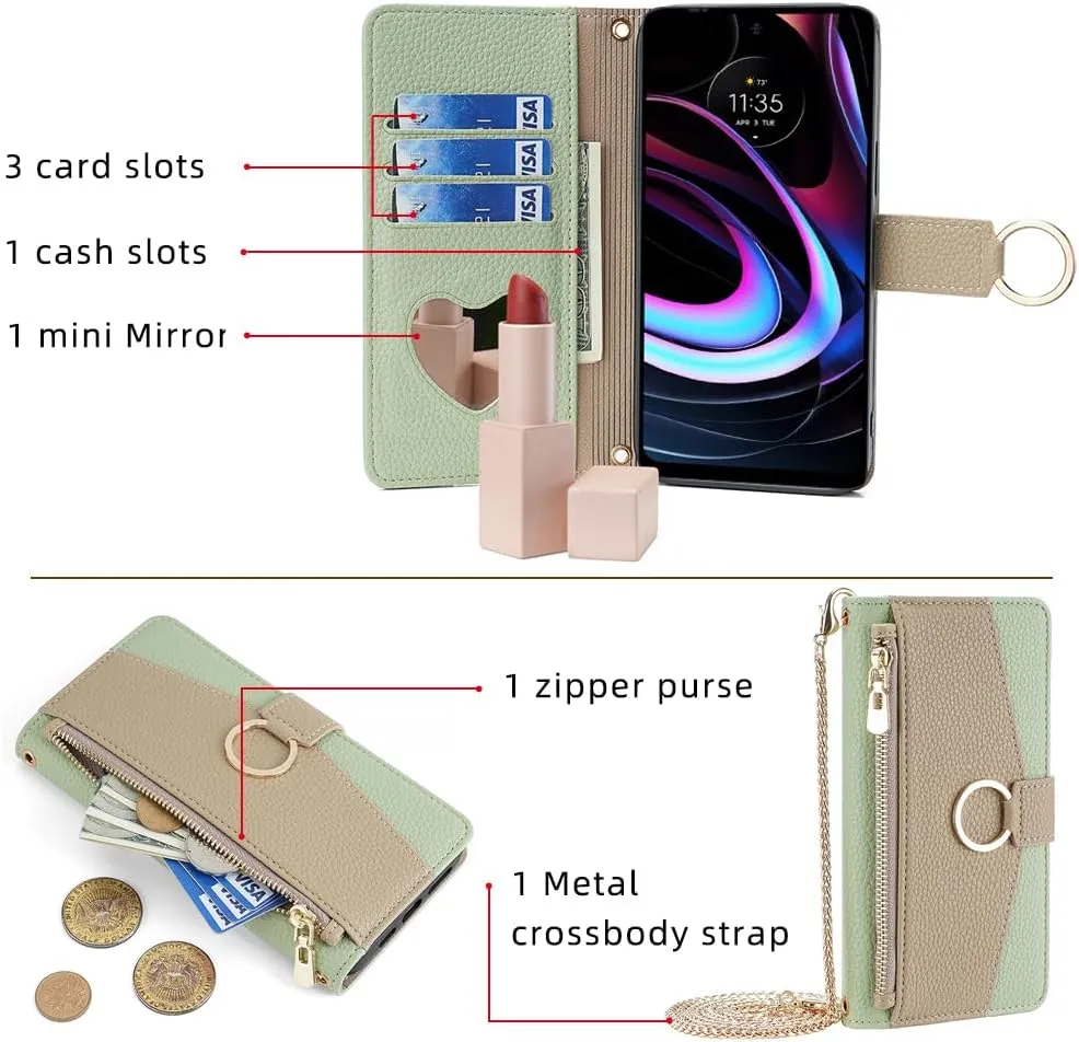 Asuwish Phone Case for Motorola Moto Edge 2021 Wallet Case with Screen Protector and Mirror PU Leather Flip Cover, Ring, Credit Card Holder, Crossbody Strap, Stand, Phone XT2141-1 Green