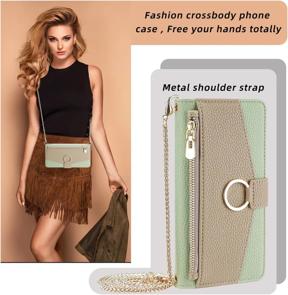 Asuwish Phone Case for Motorola Moto Edge 2021 Wallet Case with Screen Protector and Mirror PU Leather Flip Cover, Ring, Credit Card Holder, Crossbody Strap, Stand, Phone XT2141-1 Green