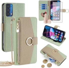Asuwish Phone Case for Motorola Moto Edge 2021 Wallet Case with Screen Protector and Mirror PU Leather Flip Cover, Ring, Credit Card Holder, Crossbody Strap, Stand, Phone XT2141-1 Green