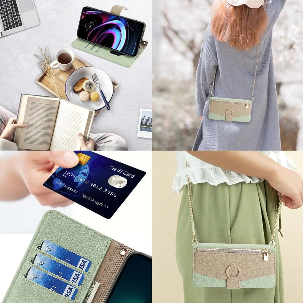 Asuwish Phone Case for Motorola Moto Edge 2021 Wallet Case with Screen Protector and Mirror PU Leather Flip Cover, Ring, Credit Card Holder, Crossbody Strap, Stand, Phone XT2141-1 Green
