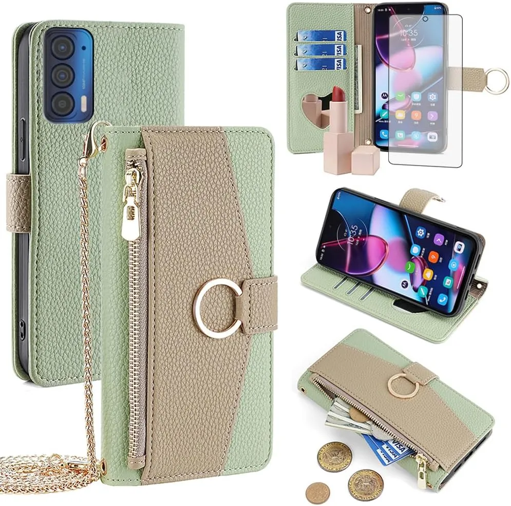 Asuwish Phone Case for Motorola Moto Edge 2021 Wallet Case with Screen Protector and Mirror PU Leather Flip Cover, Ring, Credit Card Holder, Crossbody Strap, Stand, Phone XT2141-1 Green