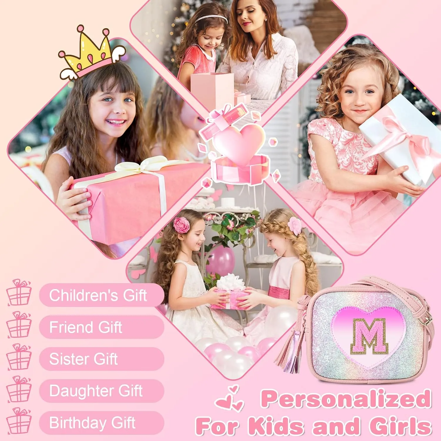 Birthday Gifts for 2 3 4 5 6 7 8 9 10 Year Old Girl,Cute Little Girl Purse Toddler Purse for Kids Wallet,Small Initial Shoulder Crossbody Bag,Personalized Christmas Gift for Daughter Baby(Rainbow,M)