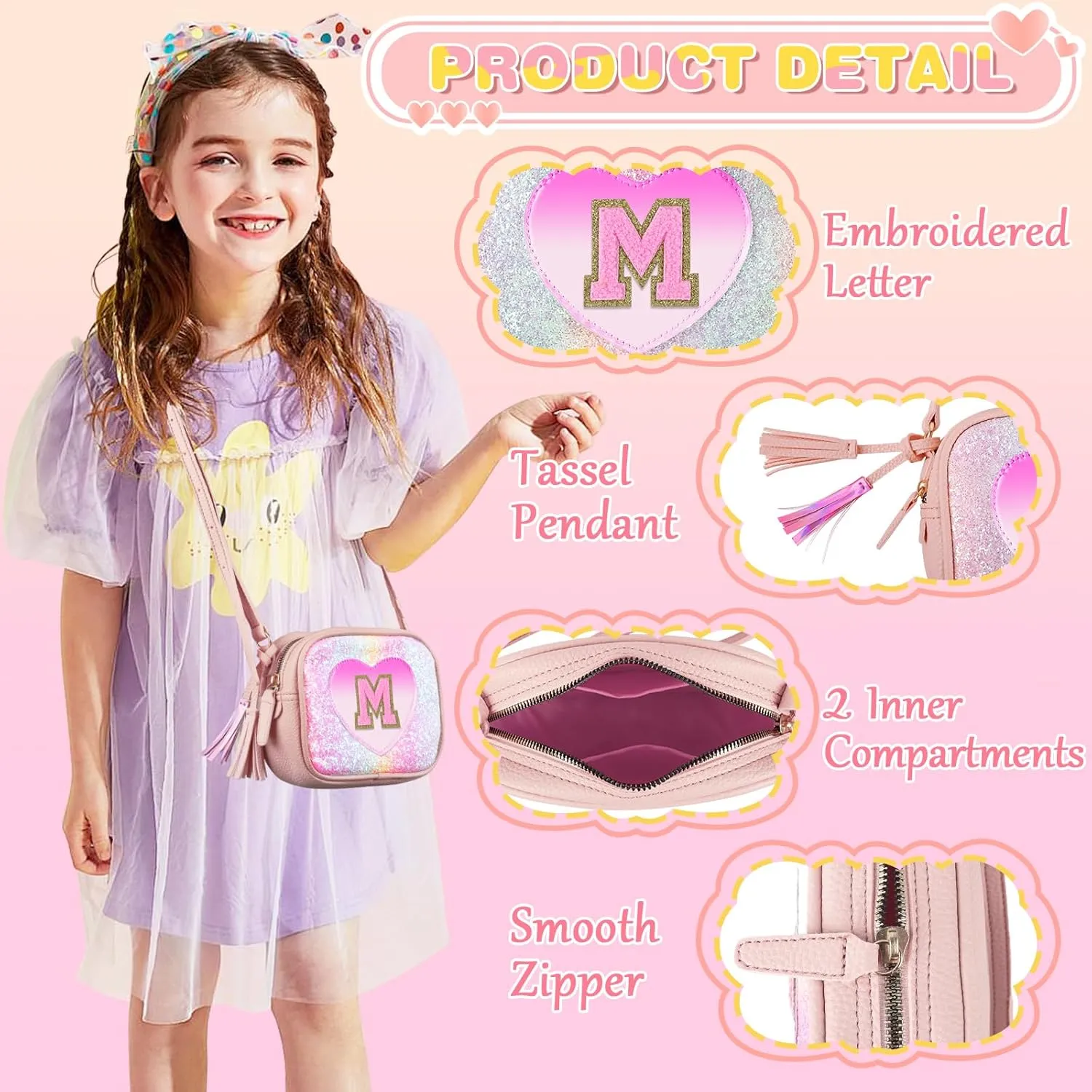 Birthday Gifts for 2 3 4 5 6 7 8 9 10 Year Old Girl,Cute Little Girl Purse Toddler Purse for Kids Wallet,Small Initial Shoulder Crossbody Bag,Personalized Christmas Gift for Daughter Baby(Rainbow,M)