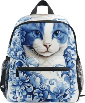 Blue Porcelain Cat with Flowers Toddler Backpack School Bag Girls Preschool Bookpack Boys Kindergarten Children Backpacks Kids Age 3-8
