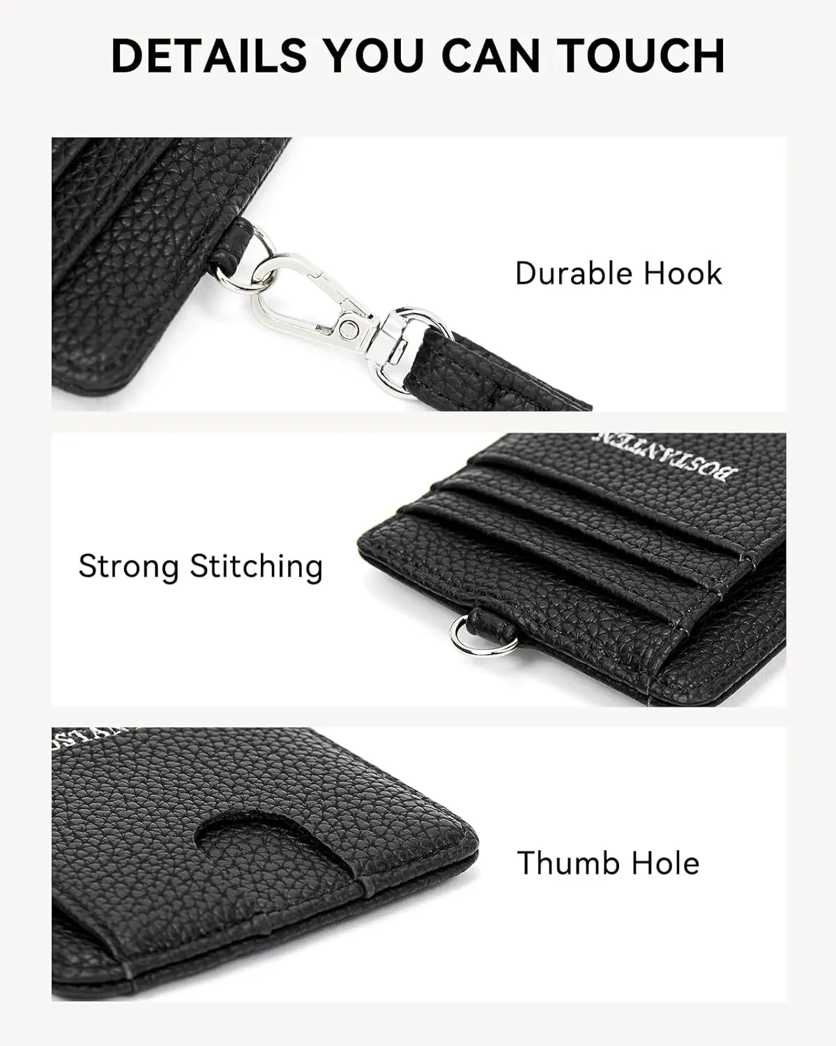 BOSTANTEN Slim Wallet Women with Leather Neck Lanyard RFID Blocking Credit Card Holder Front Pocket Small Wallet Black