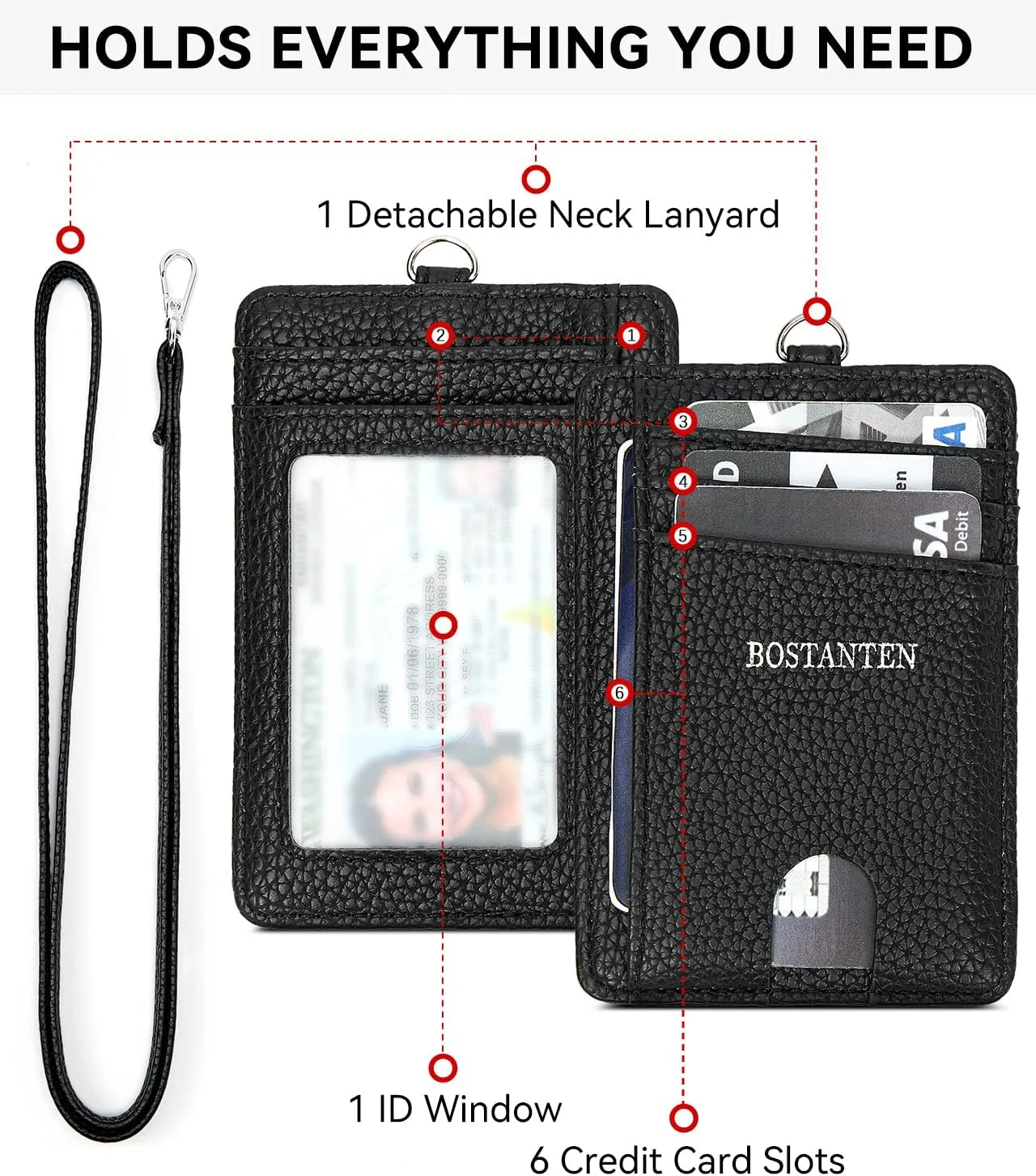 BOSTANTEN Slim Wallet Women with Leather Neck Lanyard RFID Blocking Credit Card Holder Front Pocket Small Wallet Black