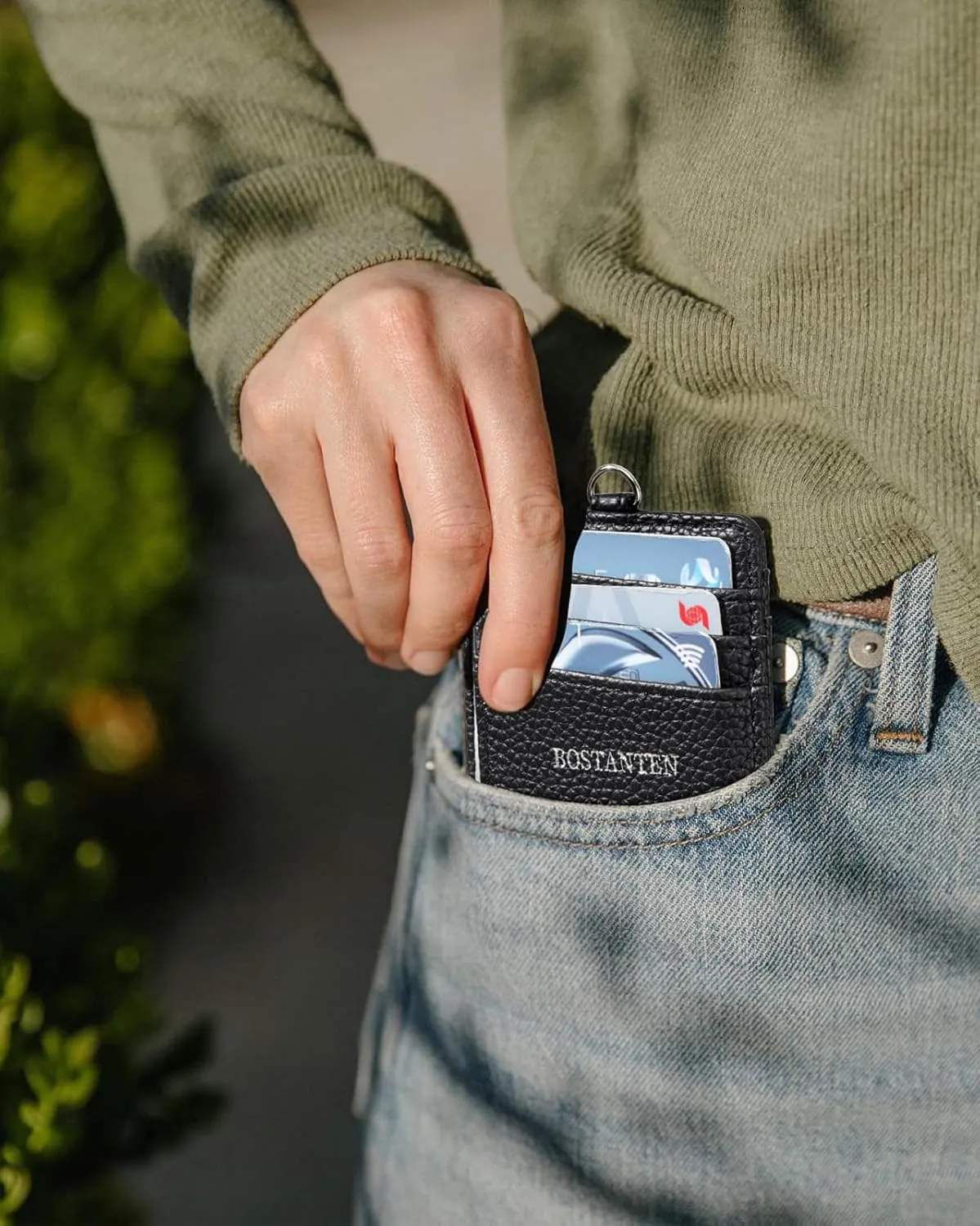 BOSTANTEN Slim Wallet Women with Leather Neck Lanyard RFID Blocking Credit Card Holder Front Pocket Small Wallet Black
