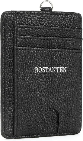 BOSTANTEN Slim Wallet Women with Leather Neck Lanyard RFID Blocking Credit Card Holder Front Pocket Small Wallet Black
