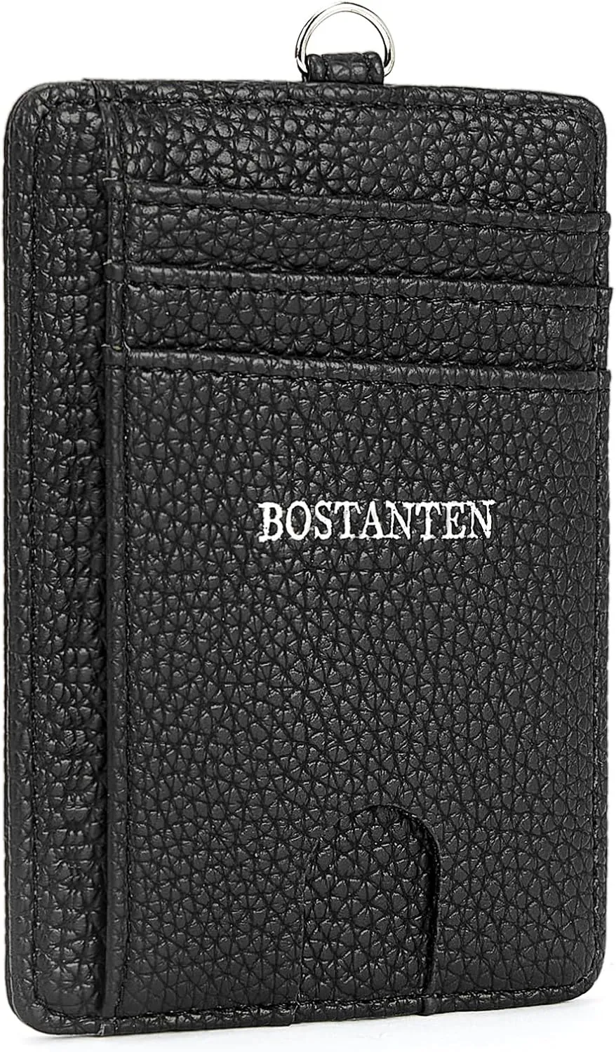 BOSTANTEN Slim Wallet Women with Leather Neck Lanyard RFID Blocking Credit Card Holder Front Pocket Small Wallet Black
