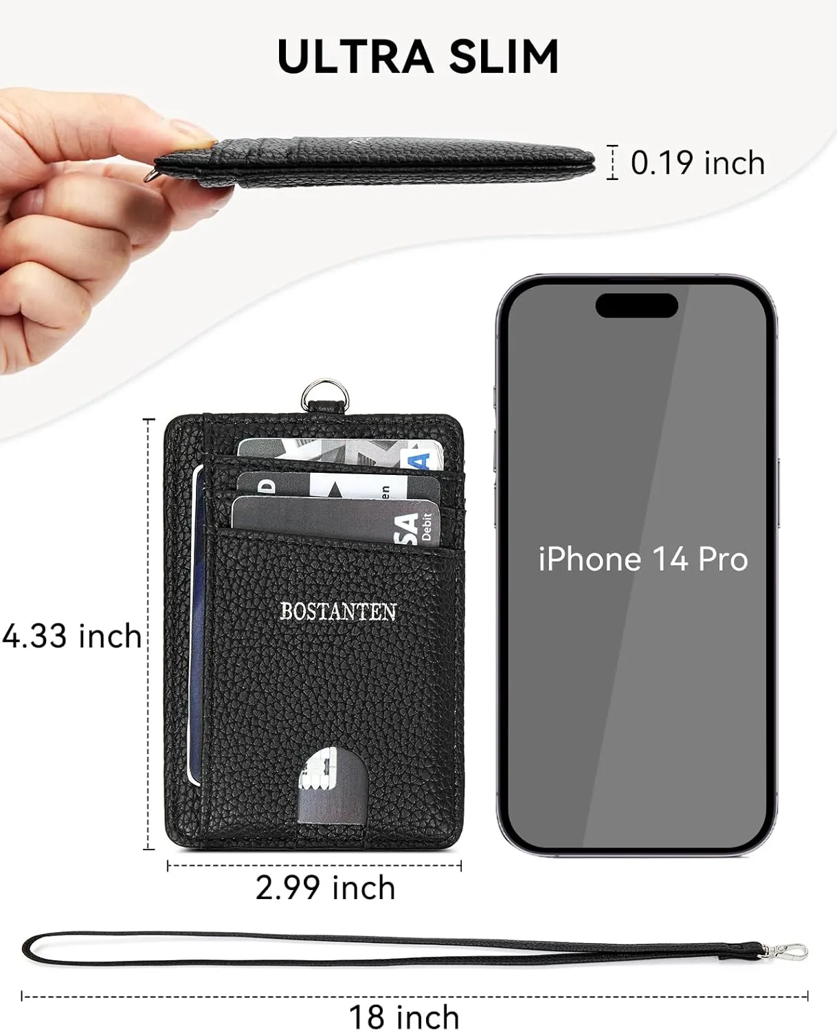 BOSTANTEN Slim Wallet Women with Leather Neck Lanyard RFID Blocking Credit Card Holder Front Pocket Small Wallet Black