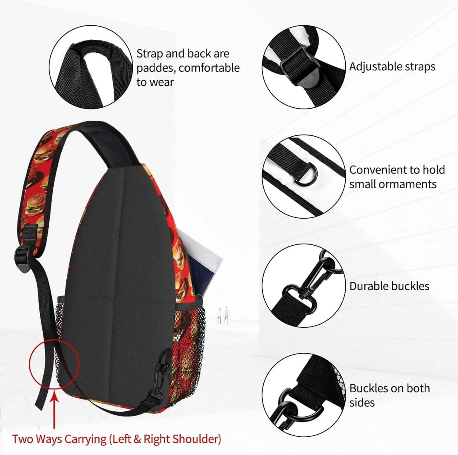 Burger Fast Food Red Sling Bag For Women Crossbody Shoulder Bag Casual Daypack Backpacks Men Chest Bag Gym Cycling Travel Hiking