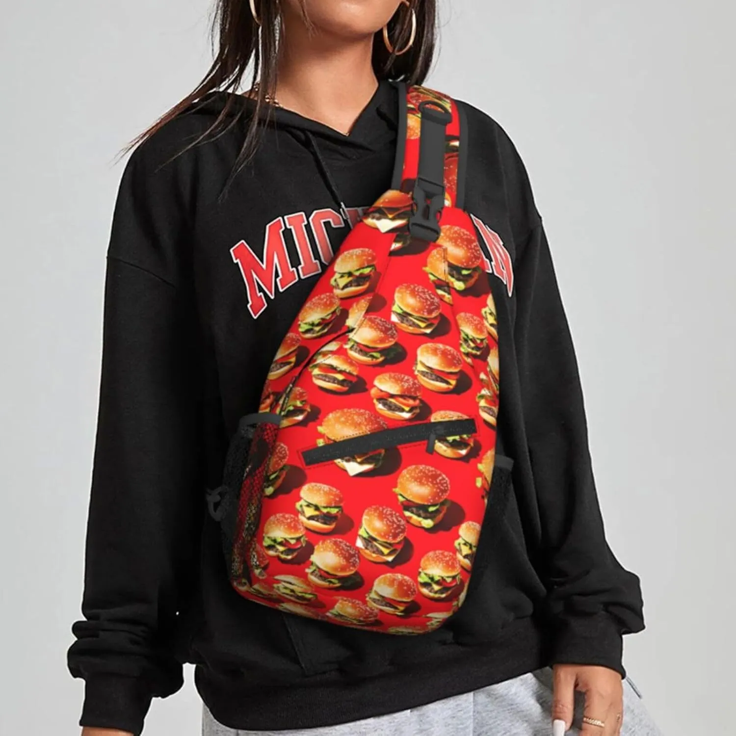 Burger Fast Food Red Sling Bag For Women Crossbody Shoulder Bag Casual Daypack Backpacks Men Chest Bag Gym Cycling Travel Hiking