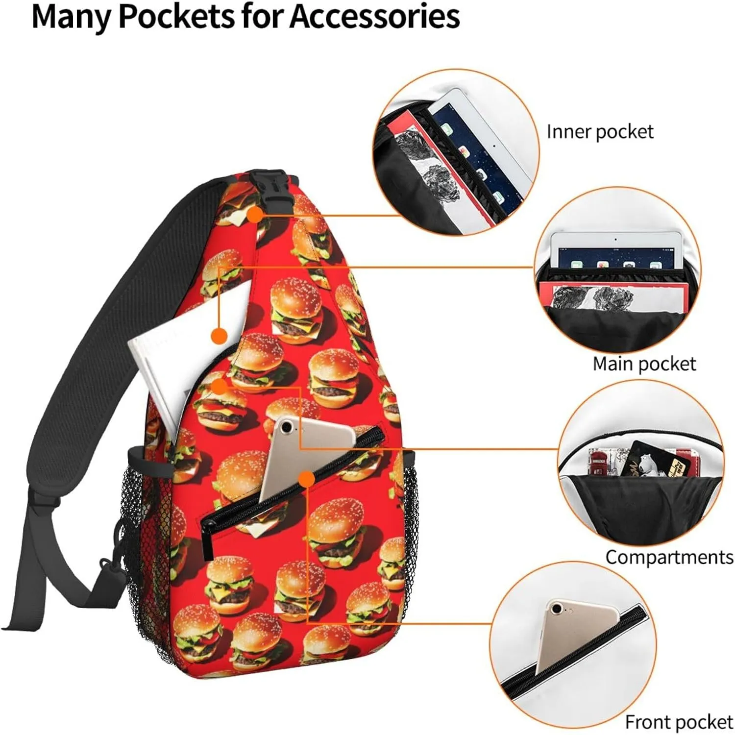 Burger Fast Food Red Sling Bag For Women Crossbody Shoulder Bag Casual Daypack Backpacks Men Chest Bag Gym Cycling Travel Hiking