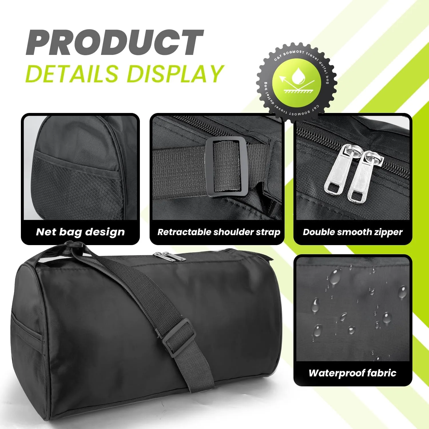 C&F BOGMOST Small Travel Duffel Bag with Shoe Compartment Foldable Waterproof Gym Bags for Gym Beach Swim Men Women Duffle Bags Lightweight Oxford Cloth Sports Bag-Black