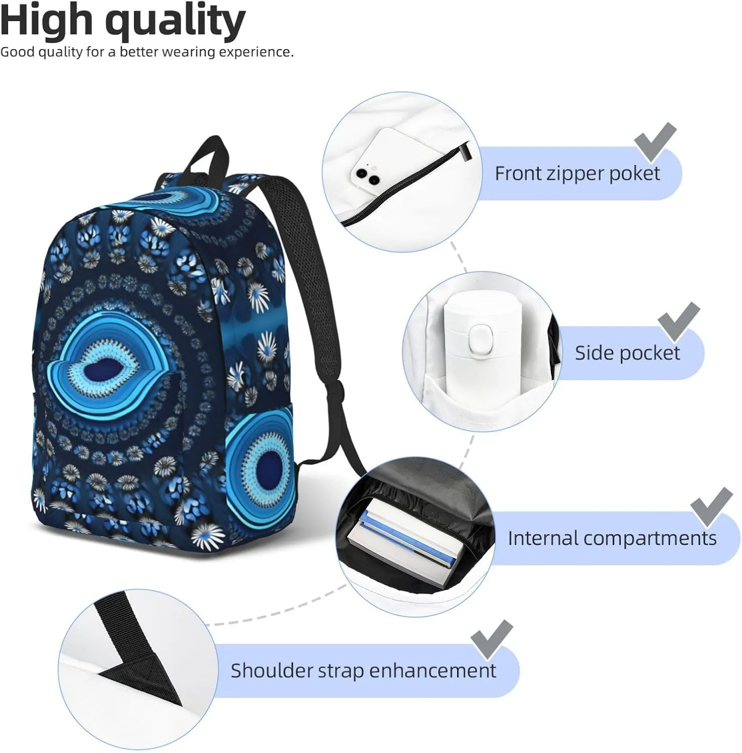 Casual Canvas Backpack, Laptop Rucksack,Shoulder Travel Camping Hiking Backpacks for Men Women-Blue Mini Flower Swirl