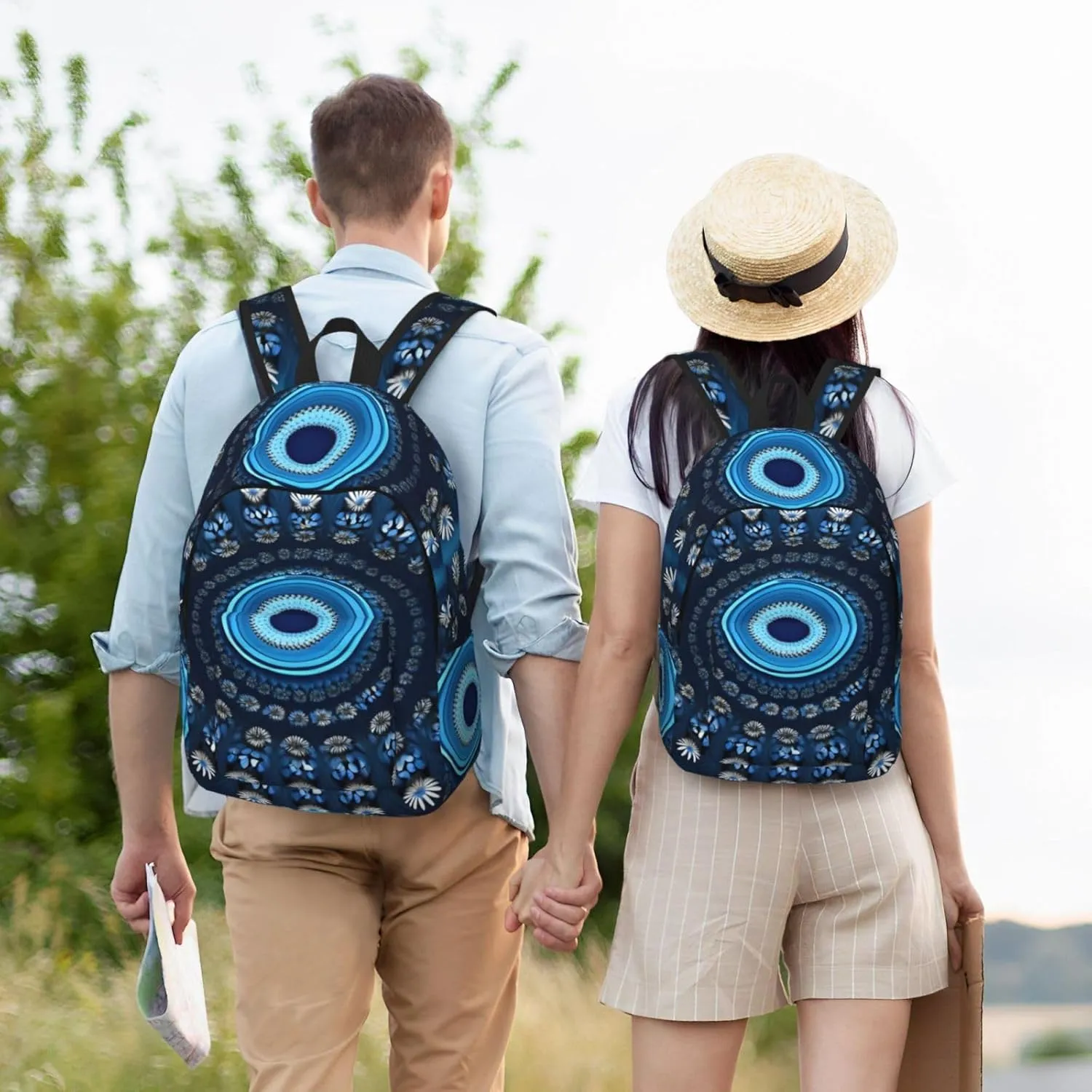 Casual Canvas Backpack, Laptop Rucksack,Shoulder Travel Camping Hiking Backpacks for Men Women-Blue Mini Flower Swirl