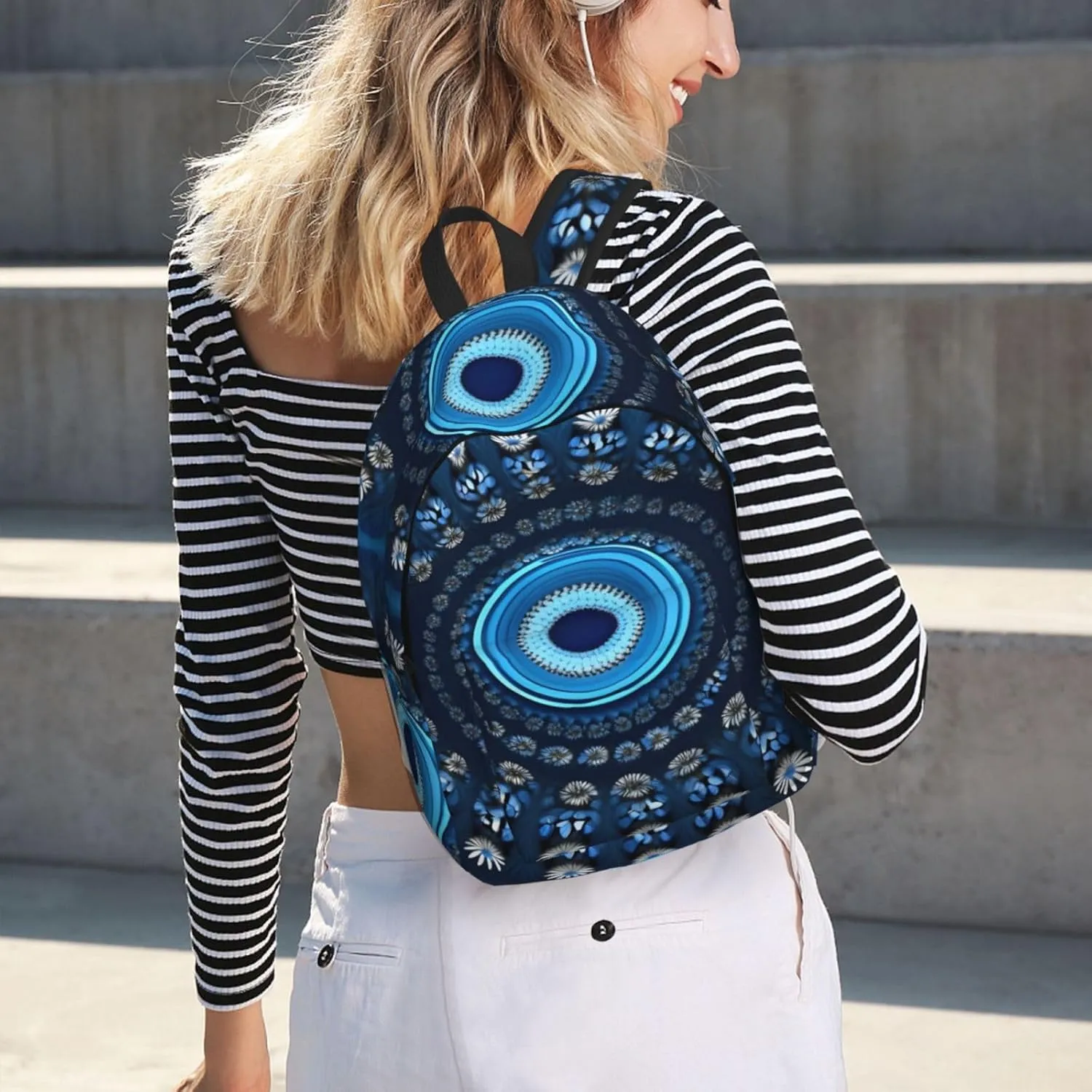 Casual Canvas Backpack, Laptop Rucksack,Shoulder Travel Camping Hiking Backpacks for Men Women-Blue Mini Flower Swirl