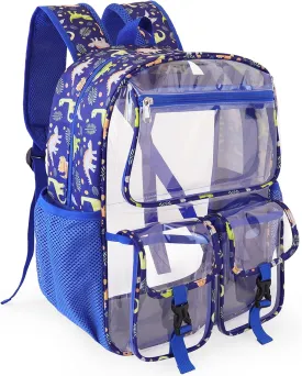 Clear Backpack for Boys, School Kids Heavy Duty See Through Bookbag Dinosaur Transparent Backpacks with Thicker Straps, Blue