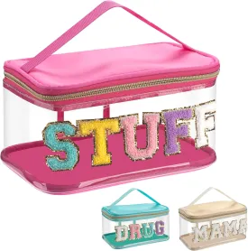 Clear Chenille Letter Bag Preppy Patch Mama Stuff Letter Cosmetic Bag Zipper with Handle,Transparent PVC & Nylon Waterproof Glitter Travel Storage Pouch Purse Organizer for Women Girls