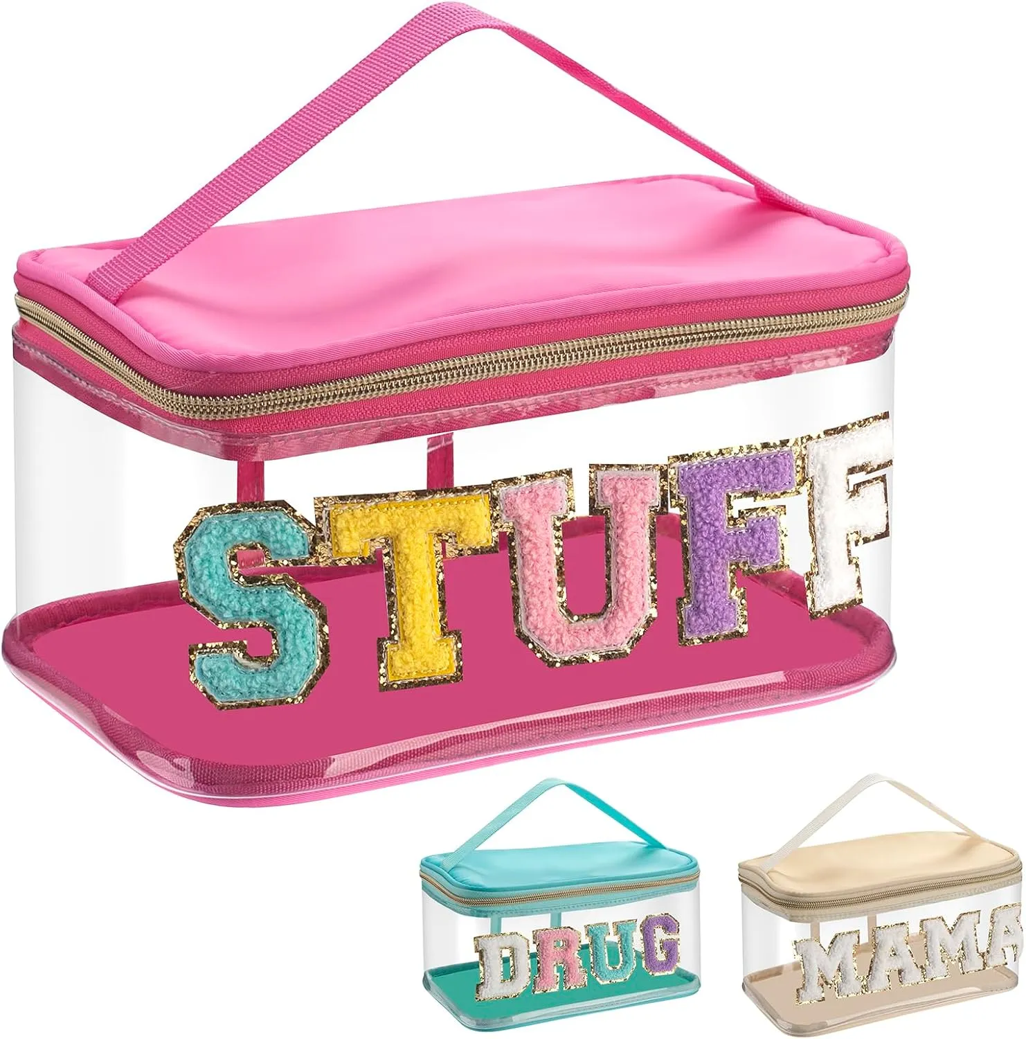 Clear Chenille Letter Bag Preppy Patch Mama Stuff Letter Cosmetic Bag Zipper with Handle,Transparent PVC & Nylon Waterproof Glitter Travel Storage Pouch Purse Organizer for Women Girls
