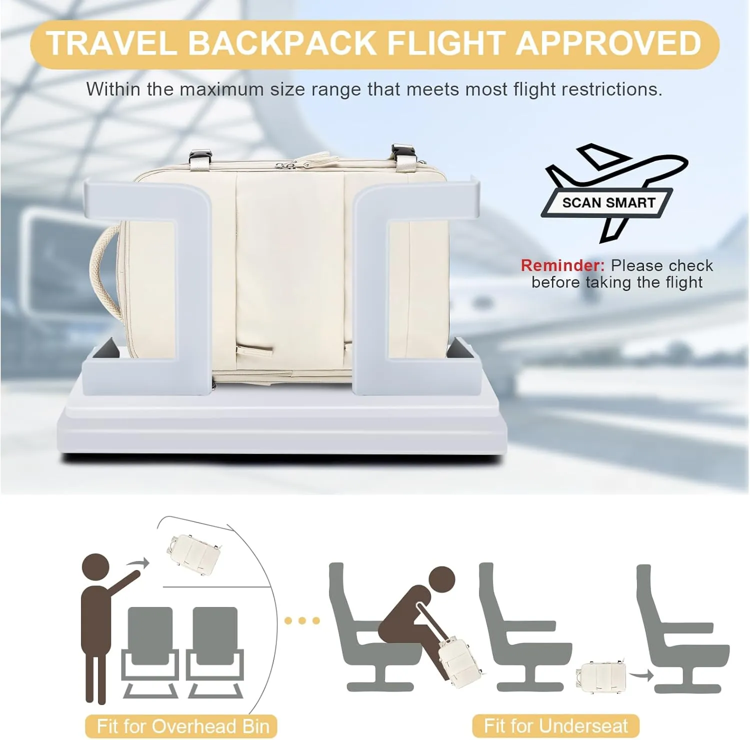 coofay Travel Backpack Carry on Flight Approved Mochila De Viaje Personal Item Backpack for Airlines Frontier Airlines Personal Item Bag Large Backpack for Travel Backpacks for Men Women Beige