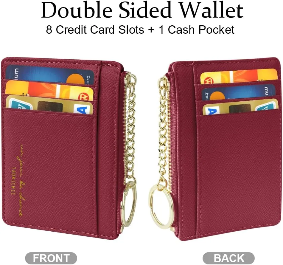 Credit Card Holder Wallet, Minimalist Leather Slim Change Wallet Zipper Coin Purse, Mini Credit Card Protector, Keychain Front Pocket Wallets for Women Men