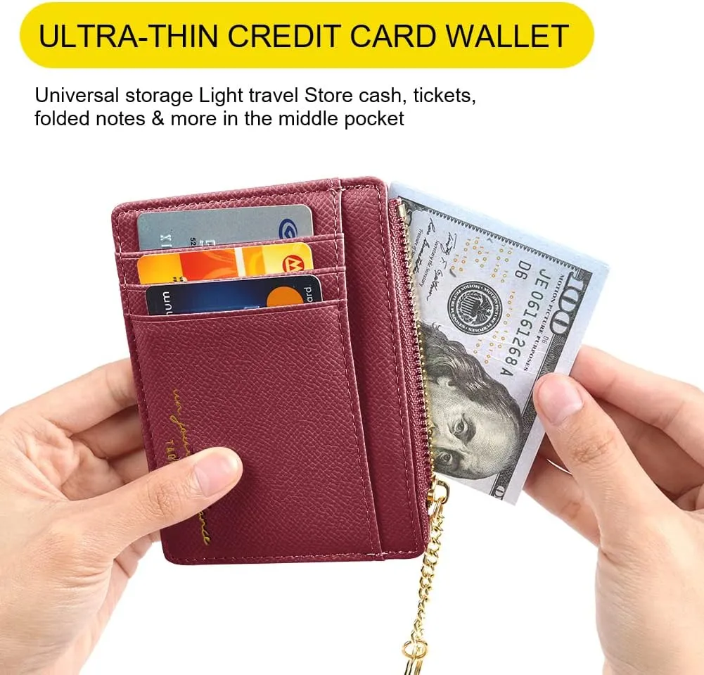 Credit Card Holder Wallet, Minimalist Leather Slim Change Wallet Zipper Coin Purse, Mini Credit Card Protector, Keychain Front Pocket Wallets for Women Men