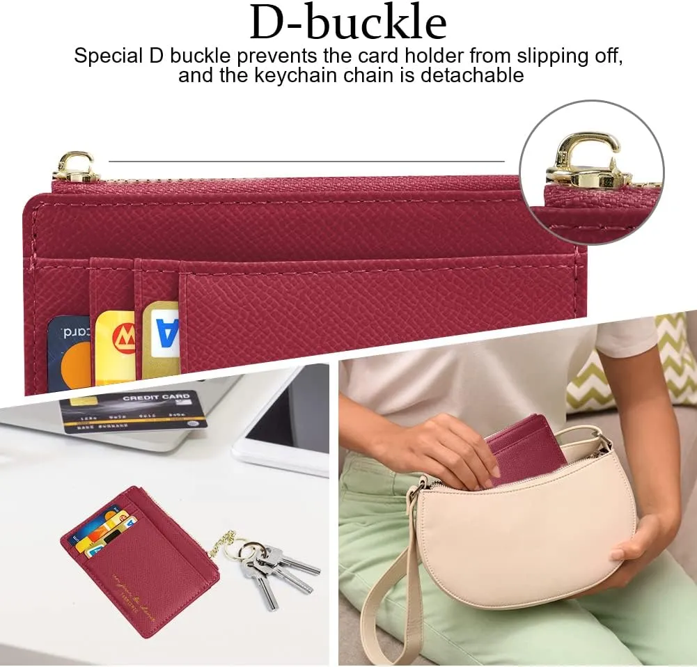 Credit Card Holder Wallet, Minimalist Leather Slim Change Wallet Zipper Coin Purse, Mini Credit Card Protector, Keychain Front Pocket Wallets for Women Men