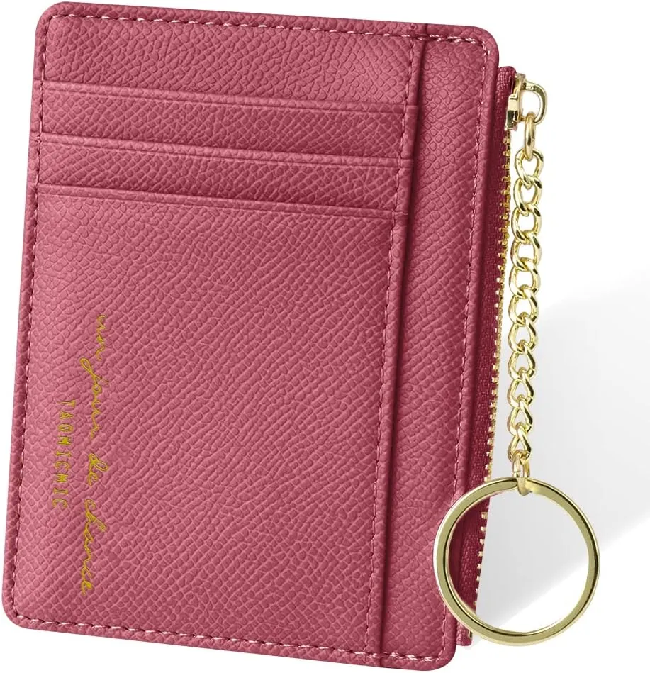 Credit Card Holder Wallet, Minimalist Leather Slim Change Wallet Zipper Coin Purse, Mini Credit Card Protector, Keychain Front Pocket Wallets for Women Men