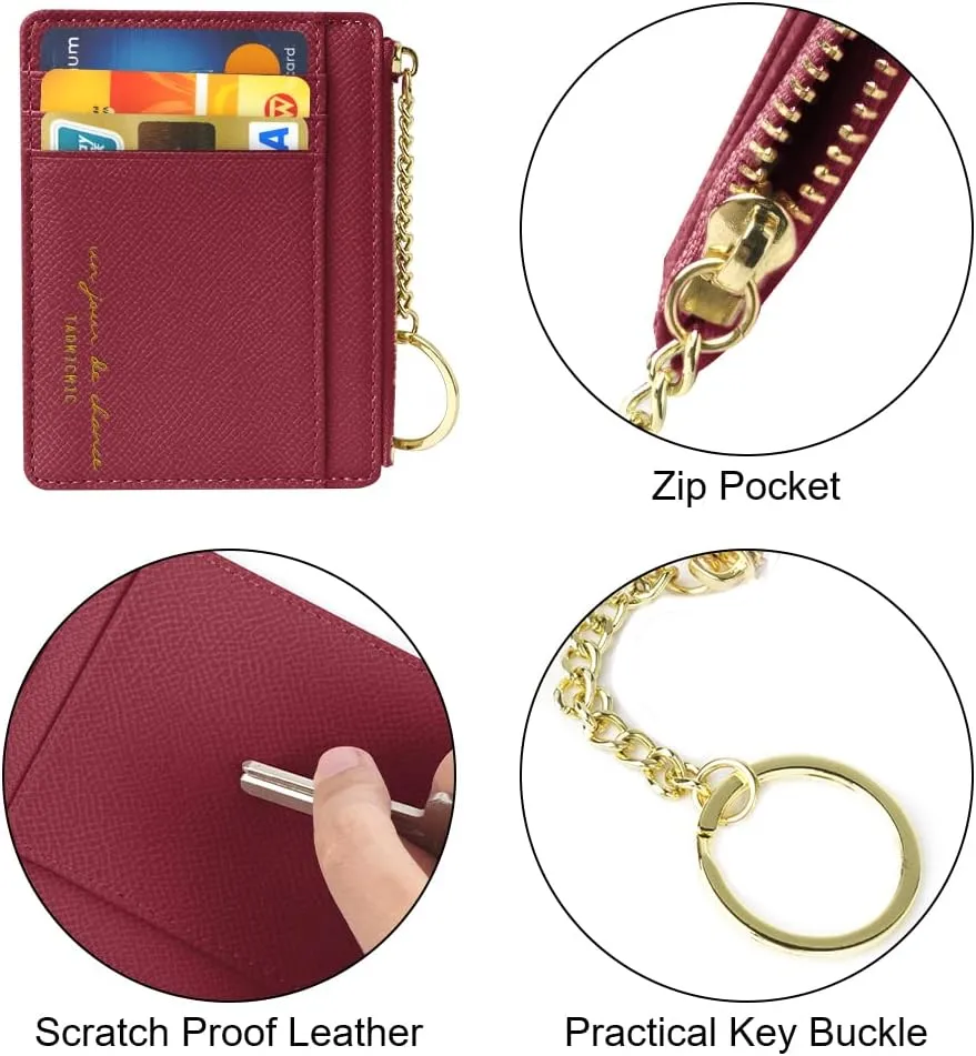 Credit Card Holder Wallet, Minimalist Leather Slim Change Wallet Zipper Coin Purse, Mini Credit Card Protector, Keychain Front Pocket Wallets for Women Men