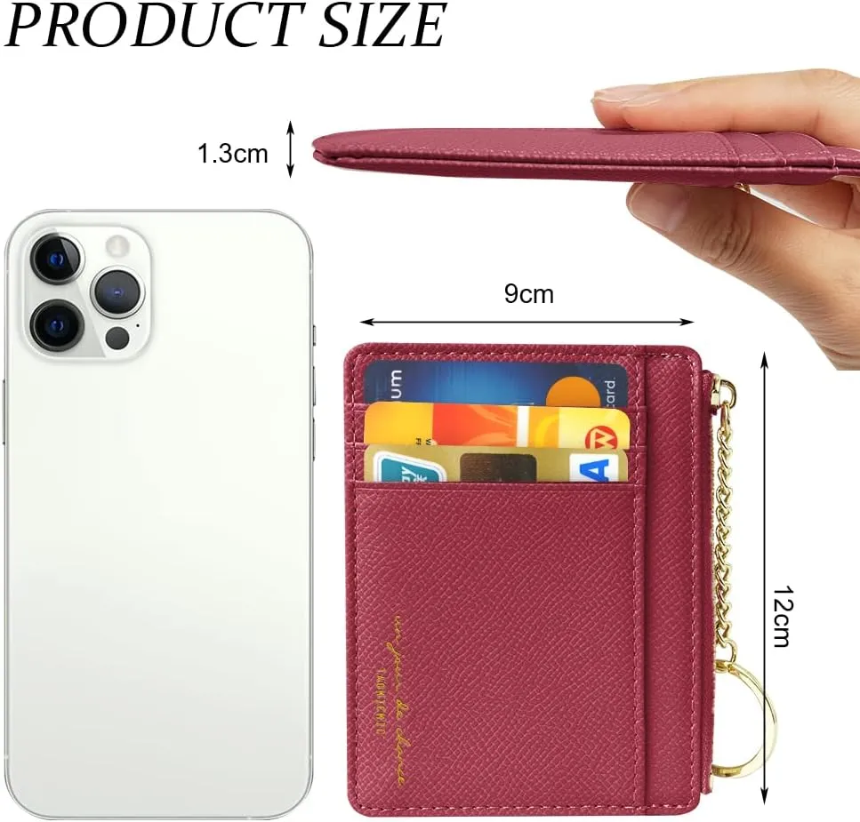 Credit Card Holder Wallet, Minimalist Leather Slim Change Wallet Zipper Coin Purse, Mini Credit Card Protector, Keychain Front Pocket Wallets for Women Men
