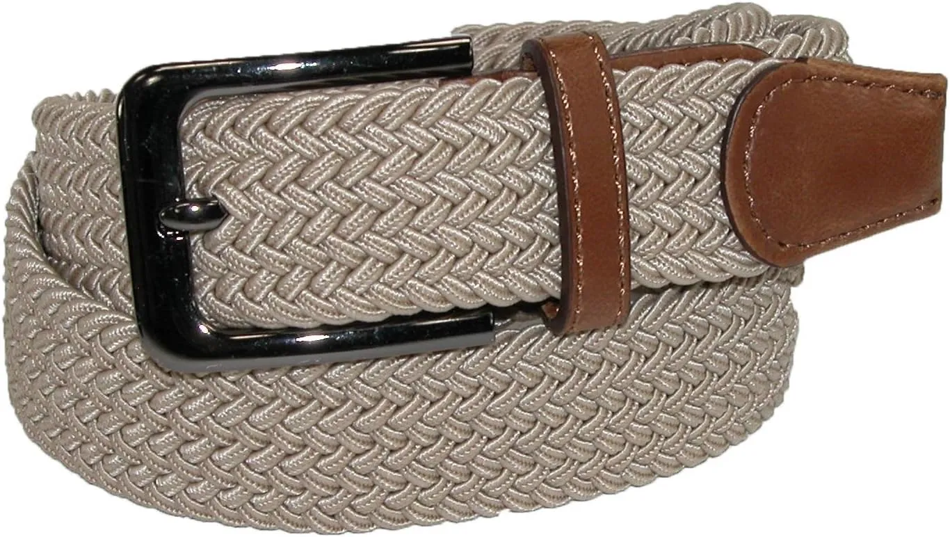 CTM Men's Elastic Braided Stretch Belt with Silver Buckle and Tan Tabs
