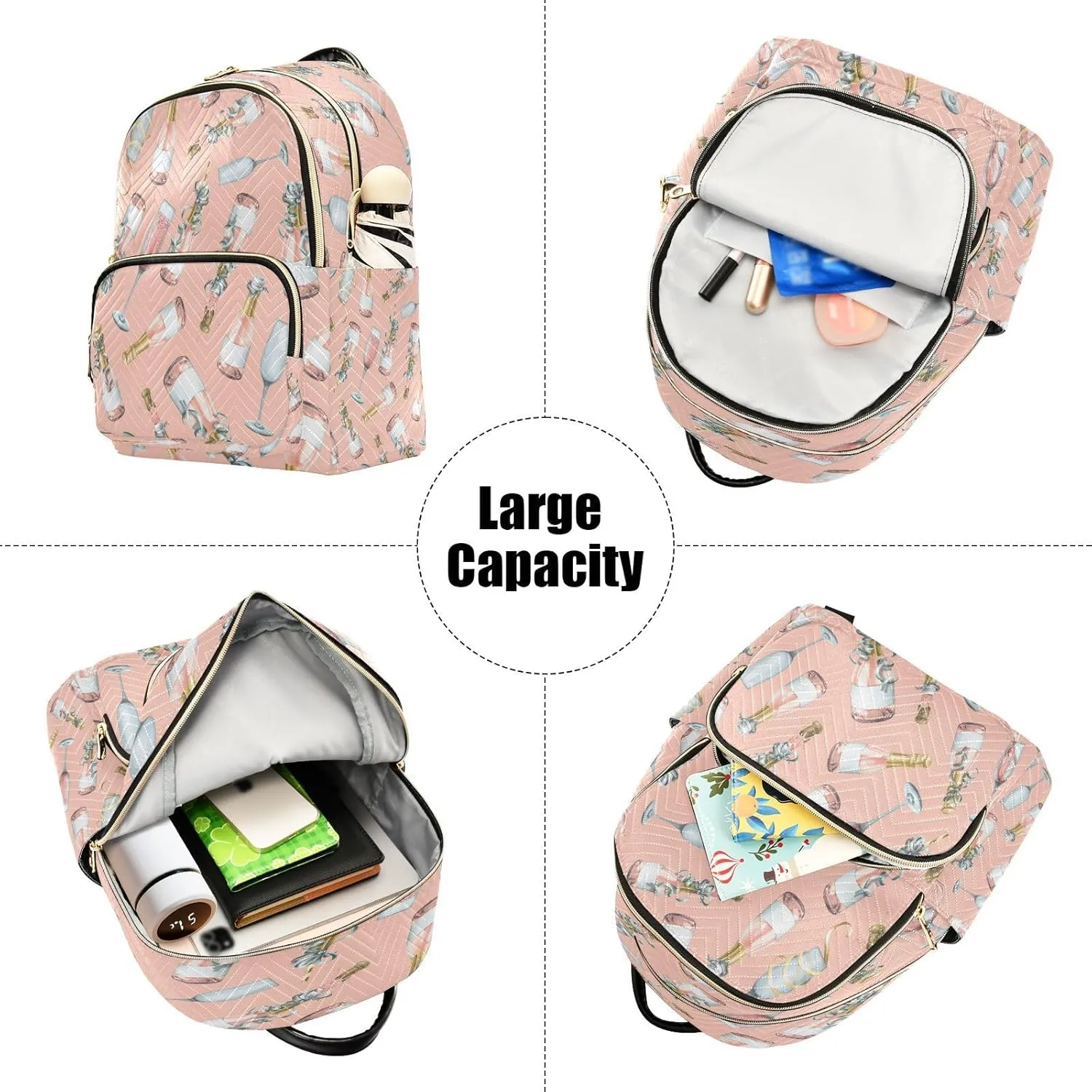 Exnundod Champagne Bottles and Glasses Women Backpack Purse Travel Backpacks Lightweight Daypack Casual Shoulder Bag for Outdoor, M