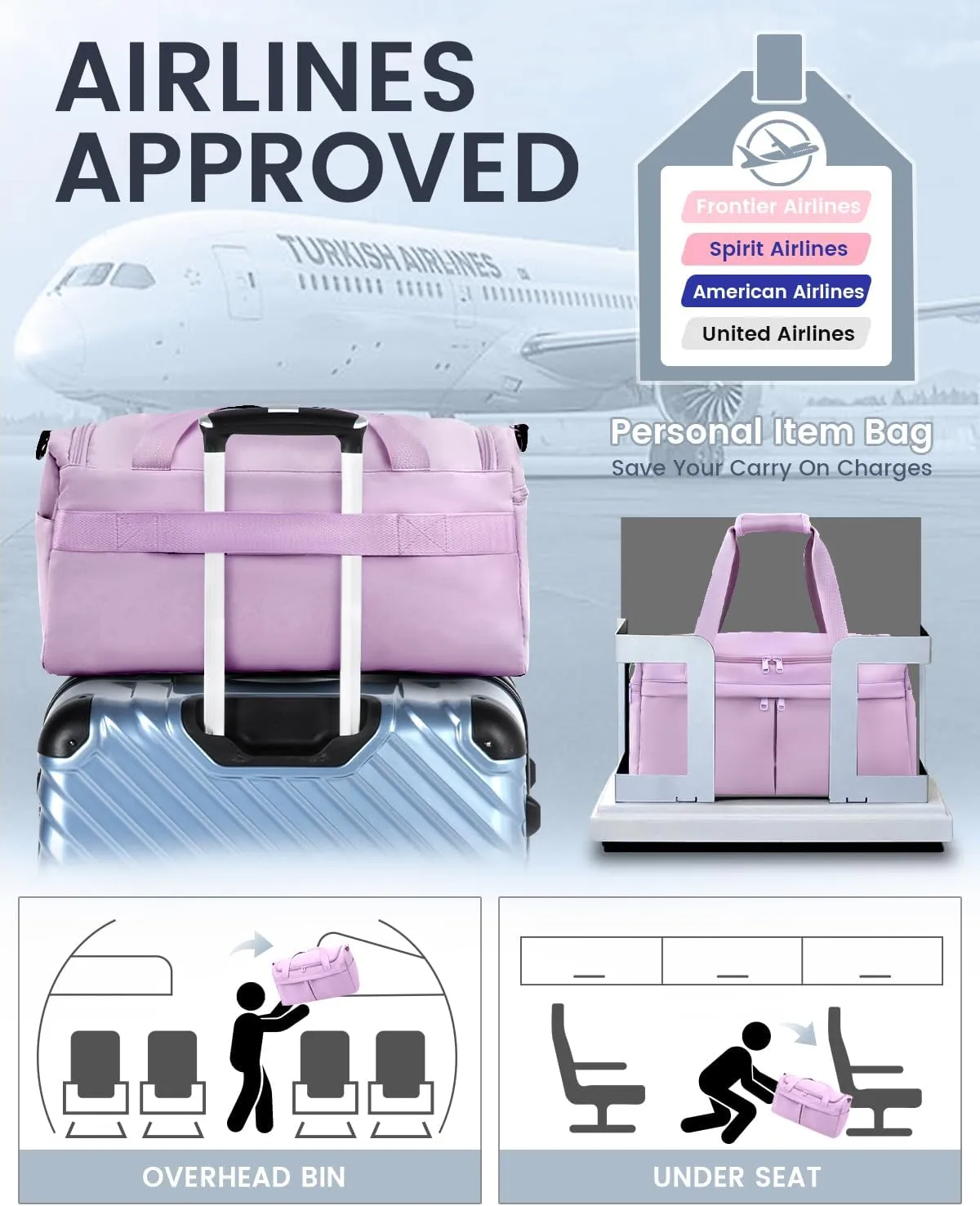 For Spirit Airlines Personal Item Bag 18X14X8 Carry On Travel Duffle Bags for Airplanes Women Men with Wet Pocket Weekender with Shoe and Toiletry Bags, Purple