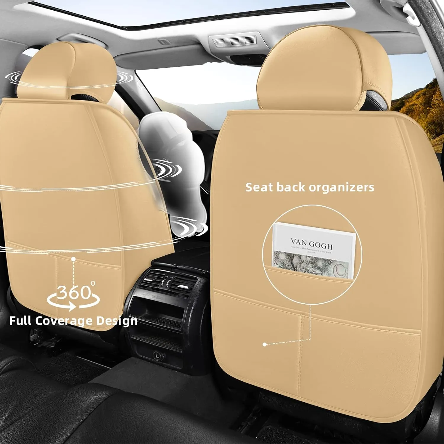 FREESOO Car Seat Covers Front Only 2pcs, Leather Driver Seat Cover Protector Airbag Compatible Universal Fit for Sedan SUV Pick-up Truck Van (Beige 8-2PCS)