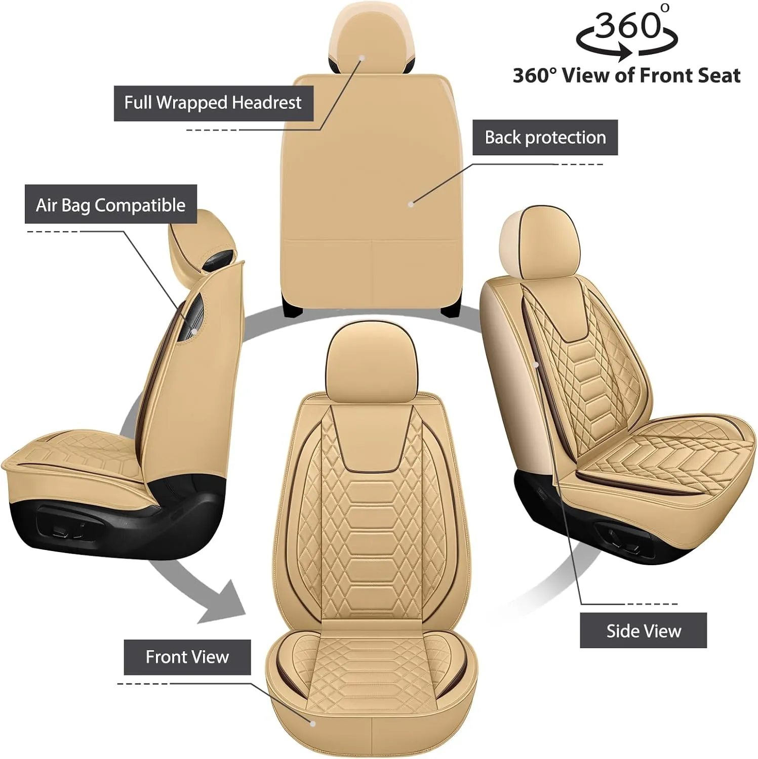 FREESOO Car Seat Covers Front Only 2pcs, Leather Driver Seat Cover Protector Airbag Compatible Universal Fit for Sedan SUV Pick-up Truck Van (Beige 8-2PCS)
