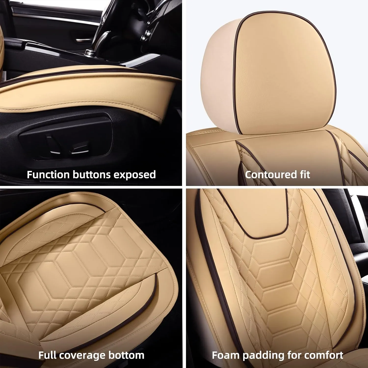 FREESOO Car Seat Covers Front Only 2pcs, Leather Driver Seat Cover Protector Airbag Compatible Universal Fit for Sedan SUV Pick-up Truck Van (Beige 8-2PCS)