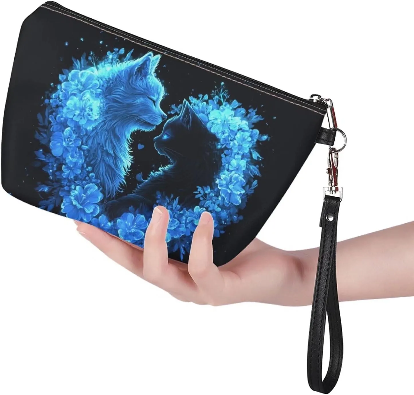 Howilath Blue Floral Cats Makeup Bags for Women Zipper Cosmetic Bags PU Leather Toiletry Storage Bag with Wrist Strap