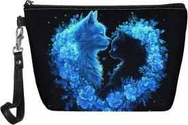 Howilath Blue Floral Cats Makeup Bags for Women Zipper Cosmetic Bags PU Leather Toiletry Storage Bag with Wrist Strap