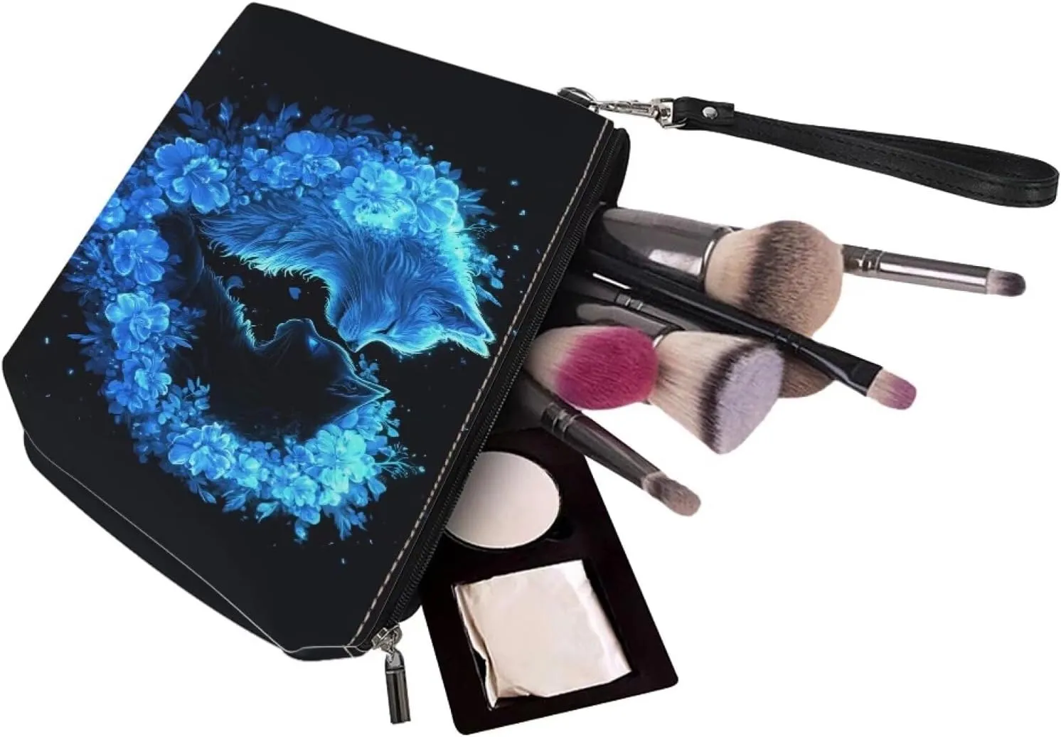 Howilath Blue Floral Cats Makeup Bags for Women Zipper Cosmetic Bags PU Leather Toiletry Storage Bag with Wrist Strap